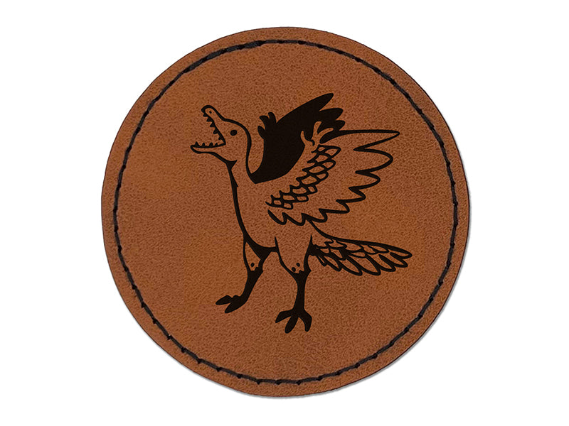 Archaeopteryx Winged Feathered Bird Like Dinosaur Round Iron-On Engraved Faux Leather Patch Applique - 2.5"