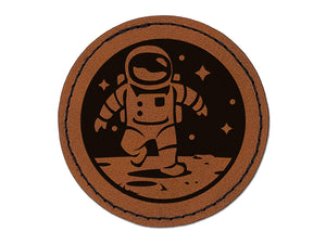 Astronaut In Space on the Moon Round Iron-On Engraved Faux Leather Patch Applique - 2.5"