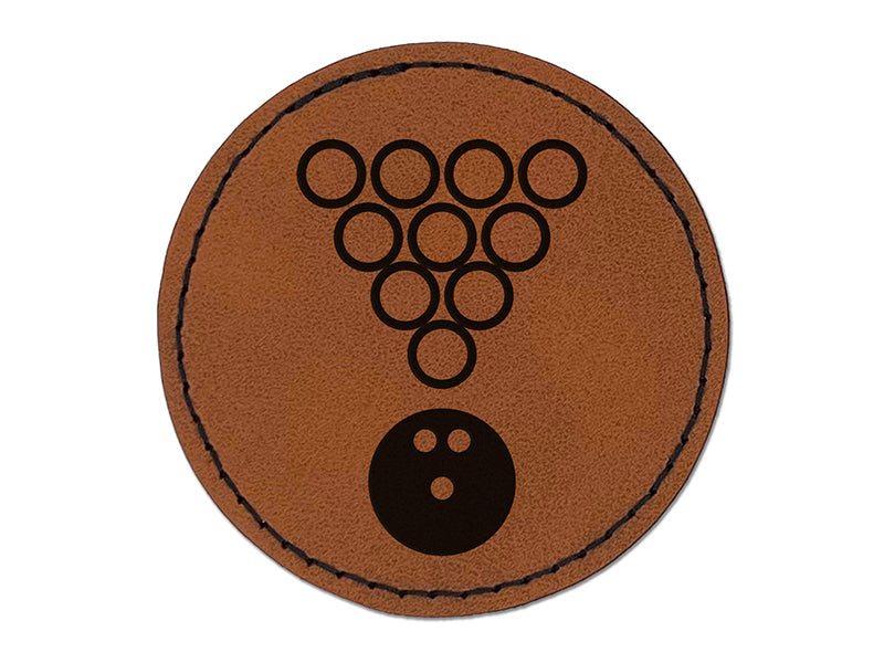Bowling Ball Rolling Towards Pins Round Iron-On Engraved Faux Leather Patch Applique - 2.5"