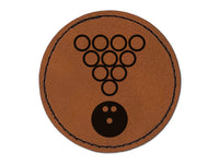 Bowling Ball Rolling Towards Pins Round Iron-On Engraved Faux Leather Patch Applique - 2.5"