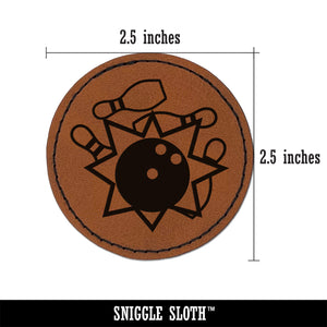 Bowling Ball Strike Pins Round Iron-On Engraved Faux Leather Patch Applique - 2.5"