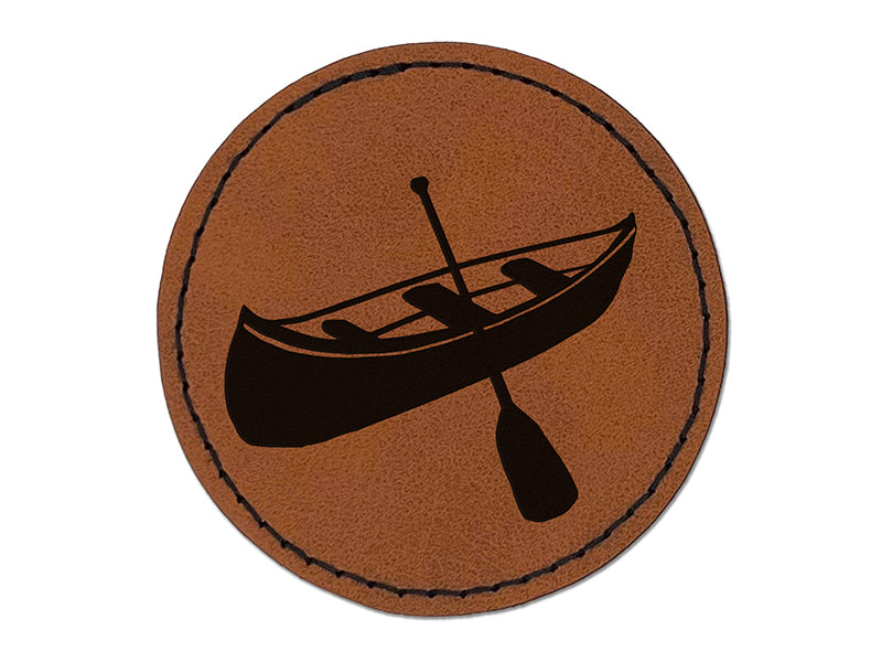 Canoe Water Boat with Paddle Round Iron-On Engraved Faux Leather Patch Applique - 2.5"