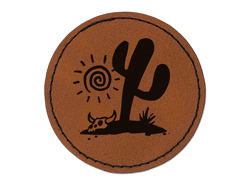 Saguaro Cactus Sonoran Desert Bull Skull Round Iron-On Engraved Faux Leather Patch Applique - 2.5"