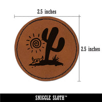 Saguaro Cactus Sonoran Desert Bull Skull Round Iron-On Engraved Faux Leather Patch Applique - 2.5"