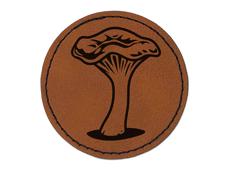 Chanterelle Mushroom Fungus Fungi Round Iron-On Engraved Faux Leather Patch Applique - 2.5"