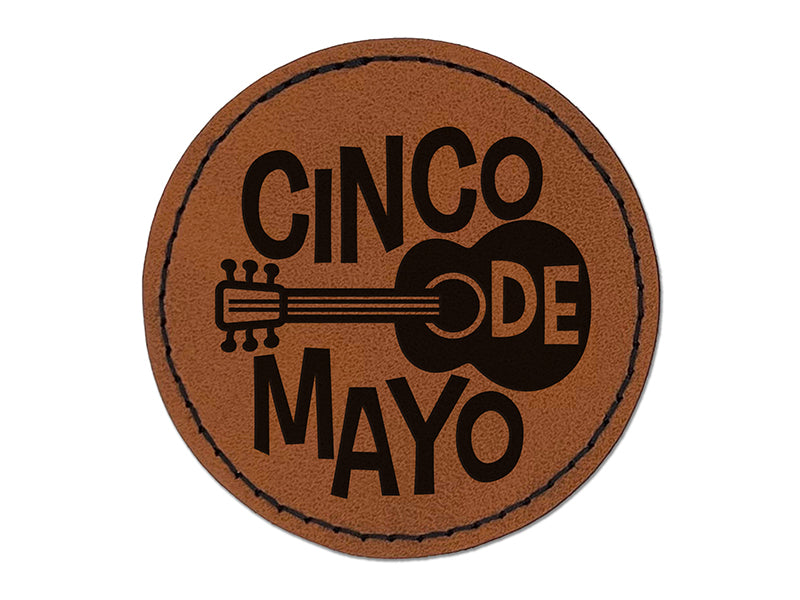 Cinco De Mayo Spanish Guitar Round Iron-On Engraved Faux Leather Patch Applique - 2.5"
