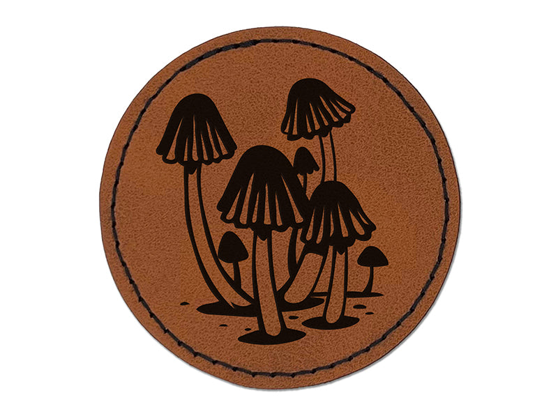 Cluster of Magical Whimsical Little Mushrooms Round Iron-On Engraved Faux Leather Patch Applique - 2.5"