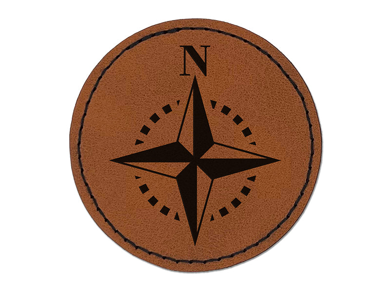 Compass Rose Nautical Star Navigation Map Round Iron-On Engraved Faux Leather Patch Applique - 2.5"