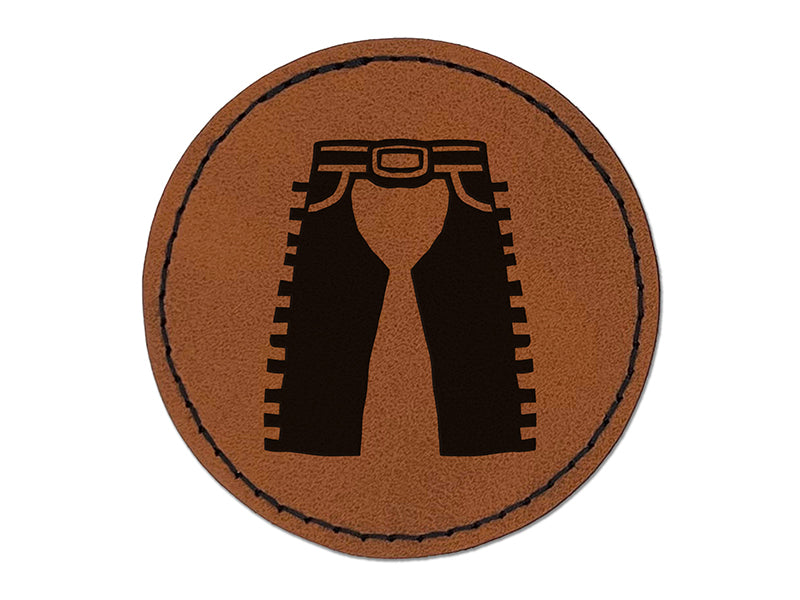Cowboy Rodeo Pants Chaps Chaparreras Round Iron-On Engraved Faux Leather Patch Applique - 2.5"