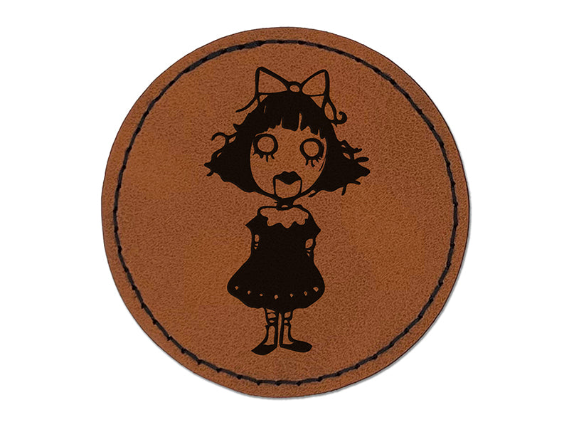 Creepy Spooky Horror Girl Doll Puppet Round Iron-On Engraved Faux Leather Patch Applique - 2.5"