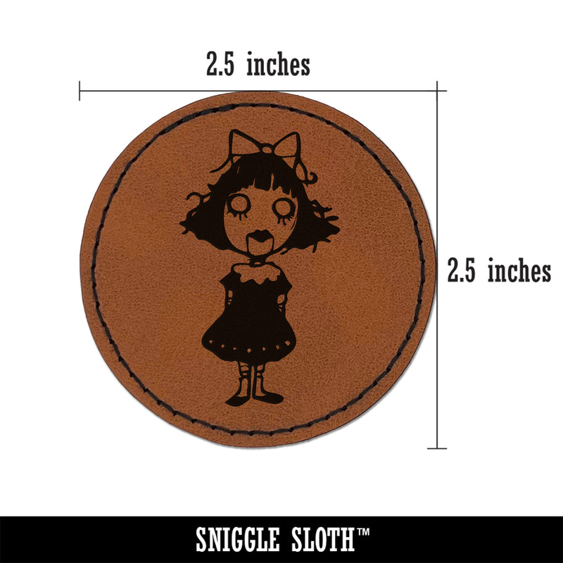 Creepy Spooky Horror Girl Doll Puppet Round Iron-On Engraved Faux Leather Patch Applique - 2.5"