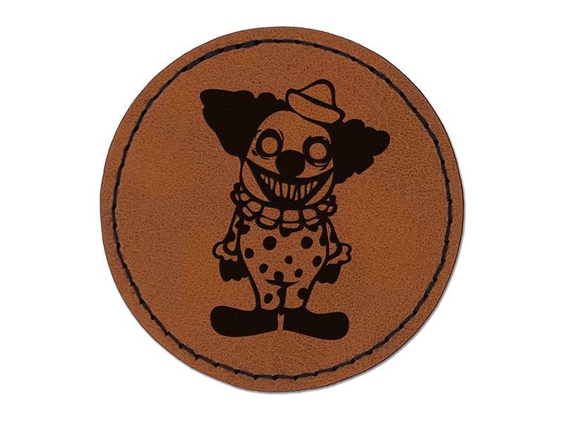 Creepy Spooky Little Grinning Clown Horror Round Iron-On Engraved Faux Leather Patch Applique - 2.5"