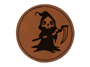 Creepy Spooky Skeleton Grim Reaper with Scythe Horror Round Iron-On Engraved Faux Leather Patch Applique - 2.5"