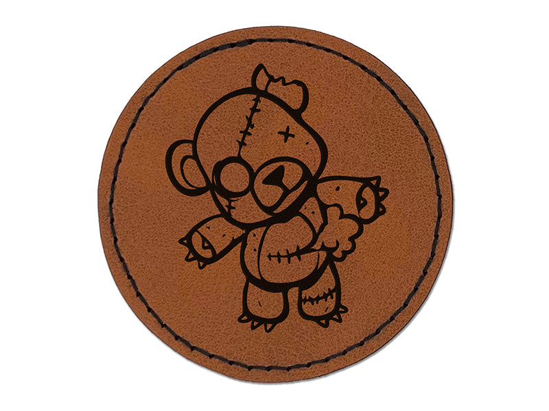 Creepy Spooky Stitched Teddy Bear Horror Round Iron-On Engraved Faux Leather Patch Applique - 2.5"