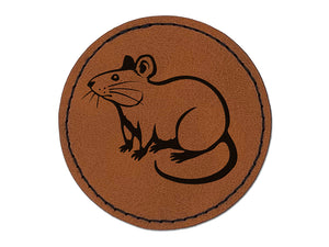 Curious Rat Rodent Round Iron-On Engraved Faux Leather Patch Applique - 2.5"