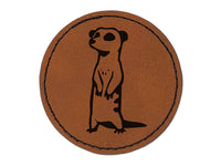 Curious Standing African Meerkat Round Iron-On Engraved Faux Leather Patch Applique - 2.5"