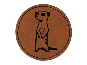 Curious Standing African Meerkat Round Iron-On Engraved Faux Leather Patch Applique - 2.5"