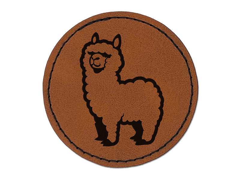 Cute Alpaca is Fluffy and Fuzzy Round Iron-On Engraved Faux Leather Patch Applique - 2.5"
