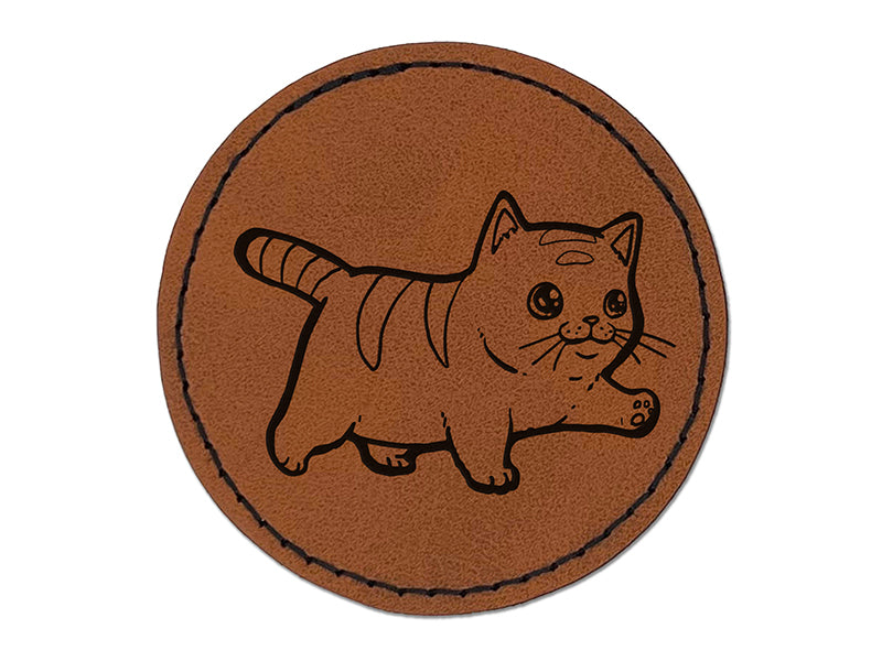 Cute Chubby Munchkin Cat Walking with Conviction Round Iron-On Engraved Faux Leather Patch Applique - 2.5"