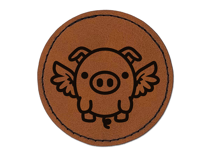 Cute Round Flying Winged Pig Round Iron-On Engraved Faux Leather Patch Applique - 2.5"
