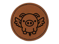 Cute Round Flying Winged Pig Round Iron-On Engraved Faux Leather Patch Applique - 2.5"