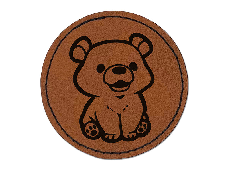 Cute Baby Bear Cub Sitting Round Iron-On Engraved Faux Leather Patch Applique - 2.5"