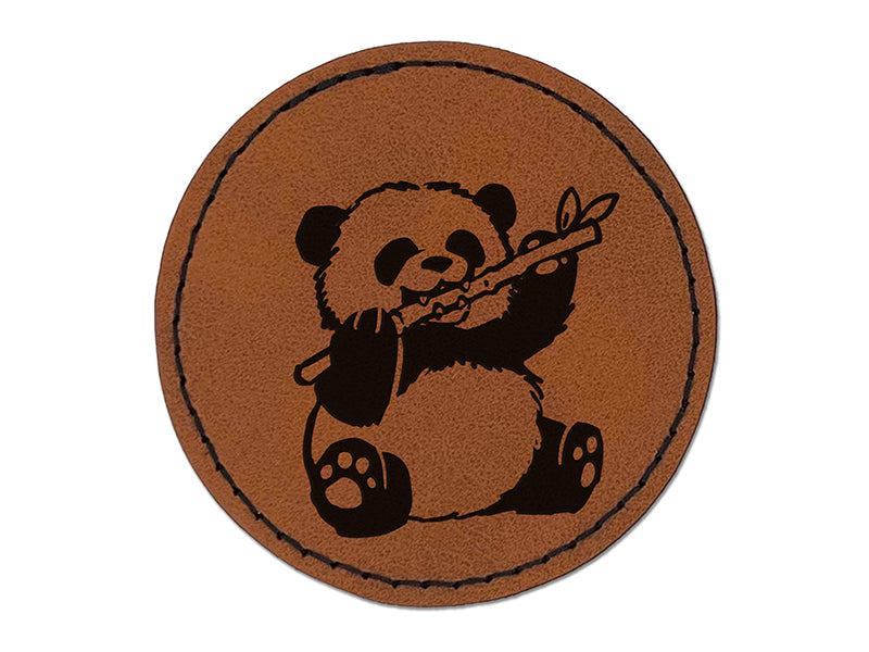 Baby Panda Bear Eating Bamboo Round Iron-On Engraved Faux Leather Patch Applique - 2.5"