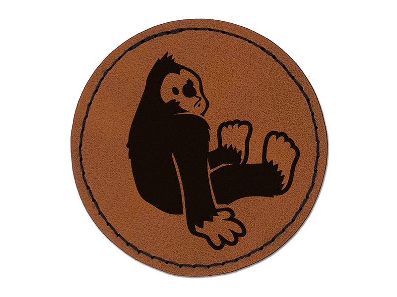 Bigfoot Sasquatch Sitting Cryptozoology Round Iron-On Engraved Faux Leather Patch Applique - 2.5"