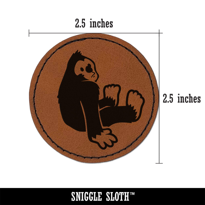 Bigfoot Sasquatch Sitting Cryptozoology Round Iron-On Engraved Faux Leather Patch Applique - 2.5"