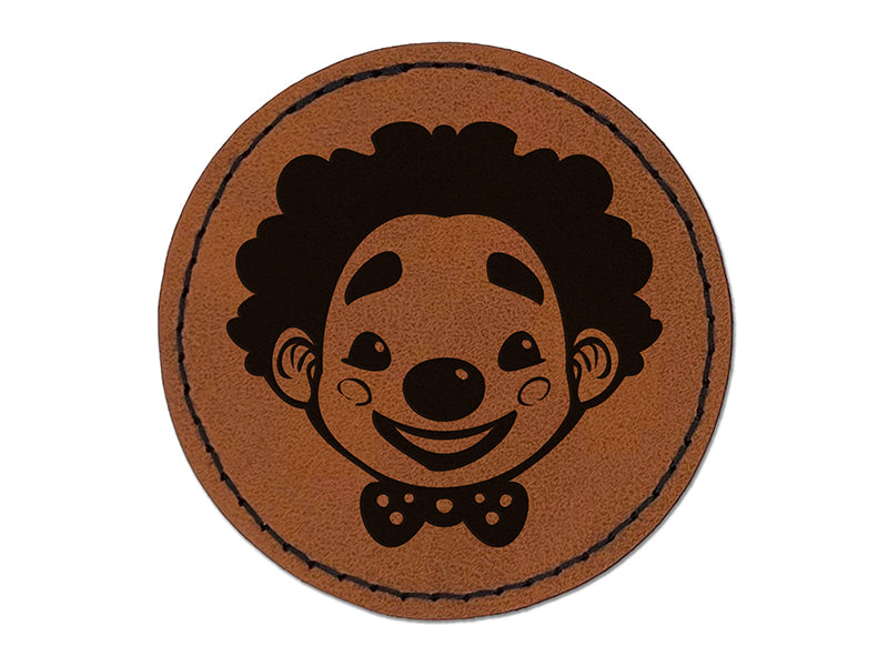 Cute Chibi Circus Party Clown Child Kid Round Iron-On Engraved Faux Leather Patch Applique - 2.5"