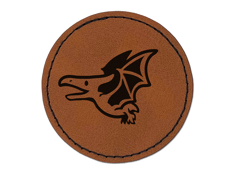 Cute Dinosaur Pterodactyl Pteranodon Flying Round Iron-On Engraved Faux Leather Patch Applique - 2.5"