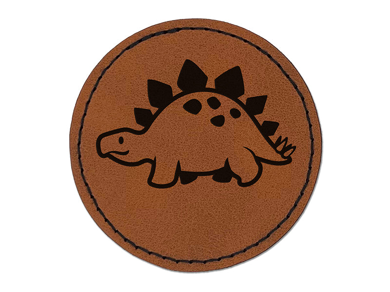 Cute Dinosaur Spiked Stegosaurus Round Iron-On Engraved Faux Leather Patch Applique - 2.5"