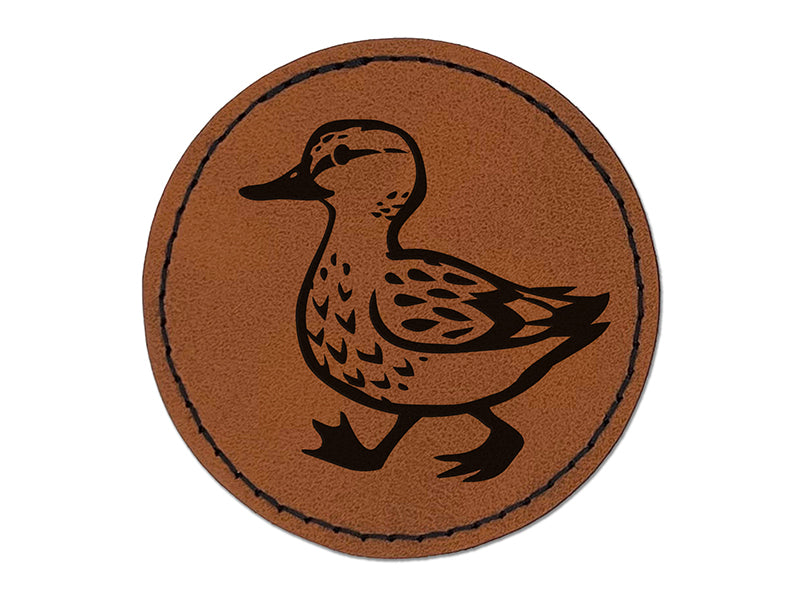 Cute Duck Walking Round Iron-On Engraved Faux Leather Patch Applique - 2.5"