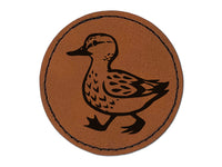 Cute Duck Walking Round Iron-On Engraved Faux Leather Patch Applique - 2.5"
