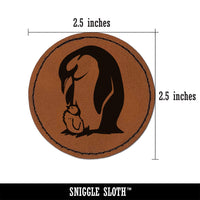 Cute Emperor Penguin Mother with Baby Chick Round Iron-On Engraved Faux Leather Patch Applique - 2.5"