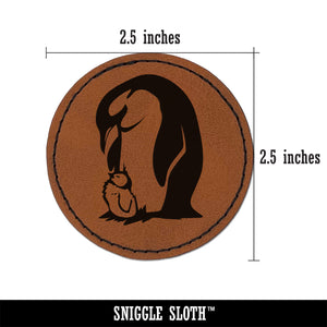 Cute Emperor Penguin Mother with Baby Chick Round Iron-On Engraved Faux Leather Patch Applique - 2.5"