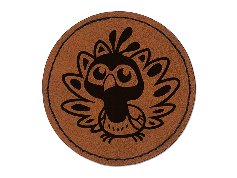 Cute Kawaii Peacock Bird Round Iron-On Engraved Faux Leather Patch Applique - 2.5"