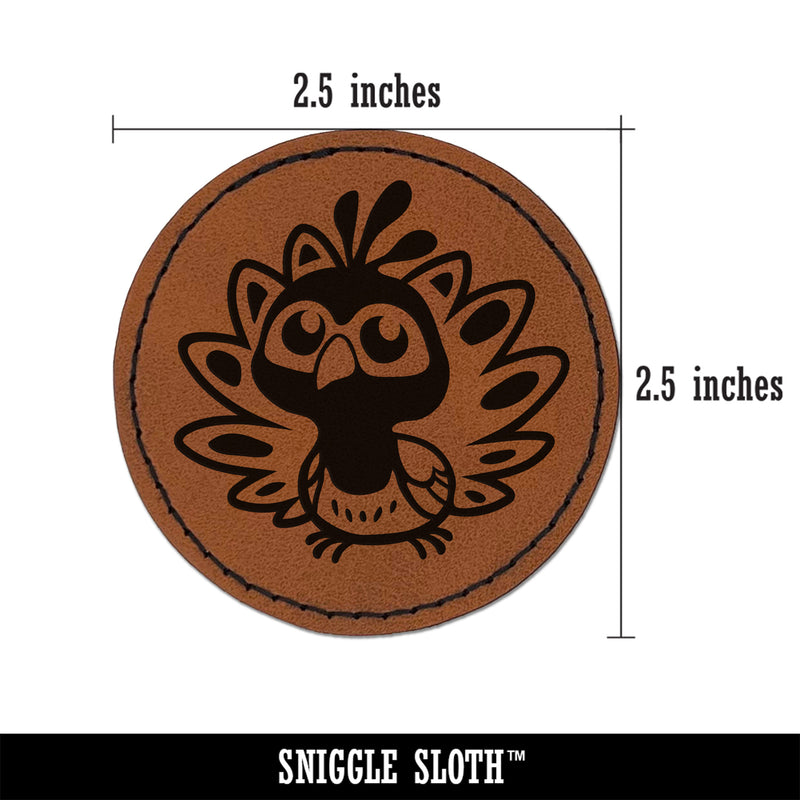 Cute Kawaii Peacock Bird Round Iron-On Engraved Faux Leather Patch Applique - 2.5"