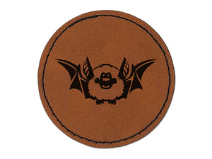 Cute Little Fuzzy Bat Round Iron-On Engraved Faux Leather Patch Applique - 2.5"