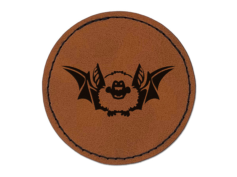 Cute Little Fuzzy Bat Round Iron-On Engraved Faux Leather Patch Applique - 2.5"