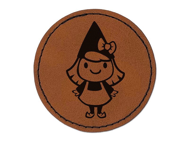 Cute Little Lady Gnome Round Iron-On Engraved Faux Leather Patch Applique - 2.5"
