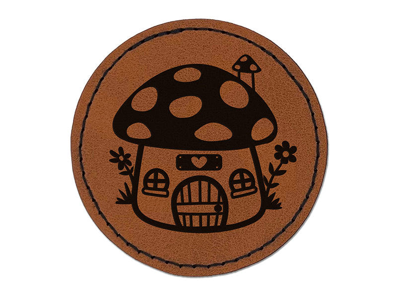 Cute Mushroom Gnome Home Round Iron-On Engraved Faux Leather Patch Applique - 2.5"