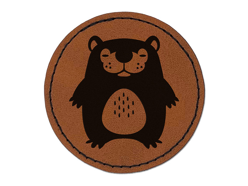 Cute Sleepy Baby Bear Round Iron-On Engraved Faux Leather Patch Applique - 2.5"