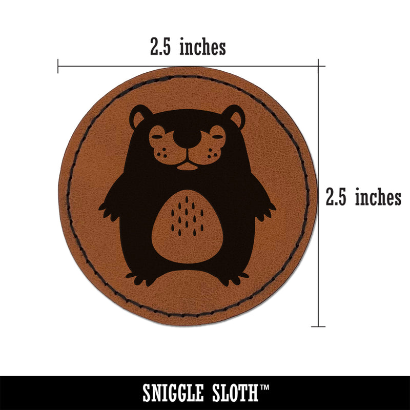 Cute Sleepy Baby Bear Round Iron-On Engraved Faux Leather Patch Applique - 2.5"