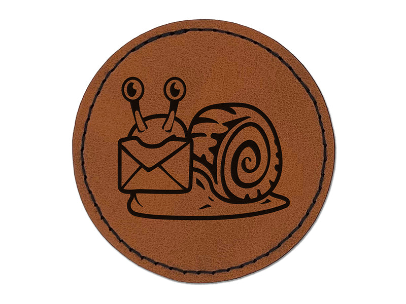 Cute Snail with Mail Gastropod Round Iron-On Engraved Faux Leather Patch Applique - 2.5"