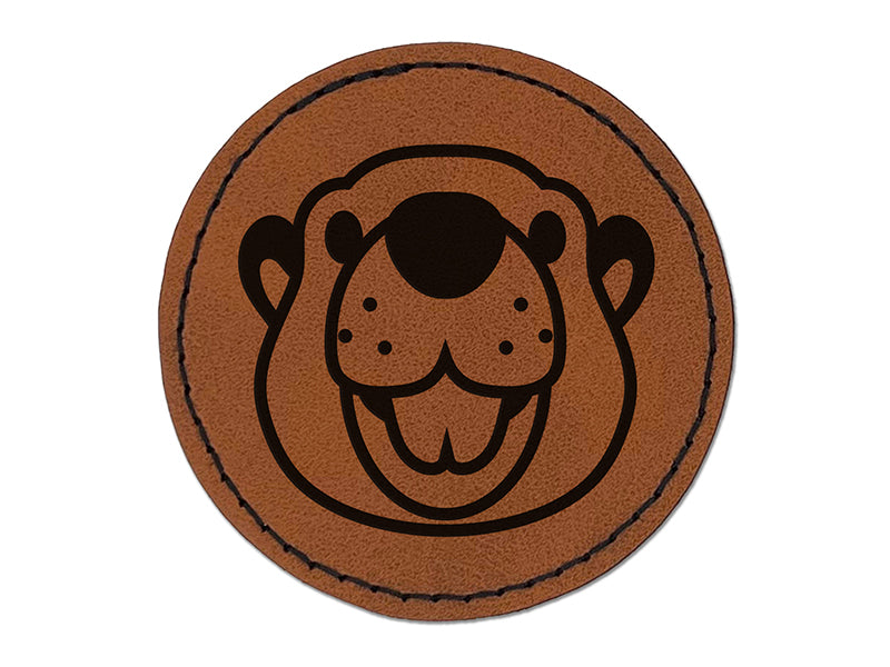 Cute Toothy Beaver Head Round Iron-On Engraved Faux Leather Patch Applique - 2.5"