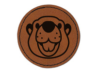 Cute Toothy Beaver Head Round Iron-On Engraved Faux Leather Patch Applique - 2.5"