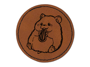 Darling Hamster Rodent Enjoying Sunflower Seed Round Iron-On Engraved Faux Leather Patch Applique - 2.5"