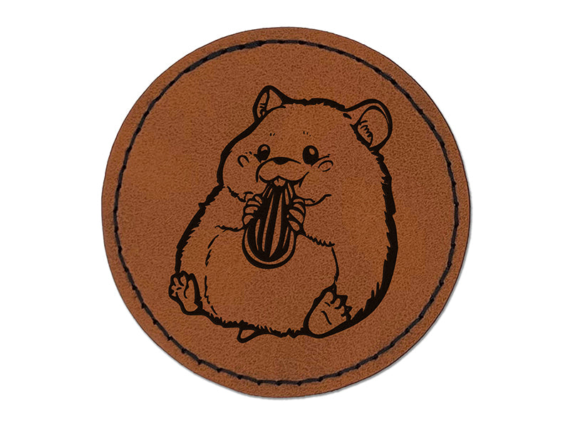 Darling Hamster Rodent Enjoying Sunflower Seed Round Iron-On Engraved Faux Leather Patch Applique - 2.5"