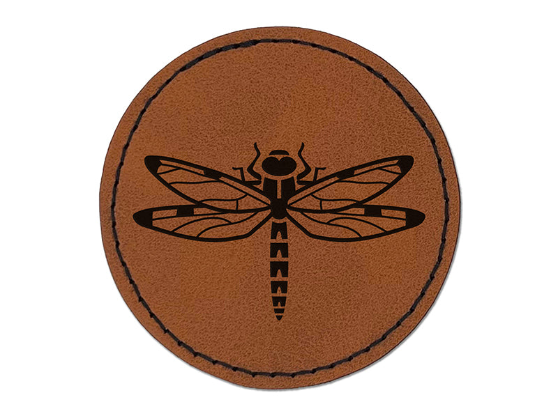 Dazzling Dragonfly Dasher Darner Insect Round Iron-On Engraved Faux Leather Patch Applique - 2.5"